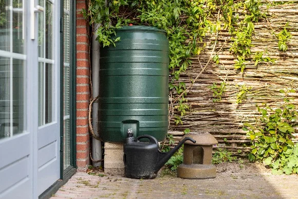 Grüne Regentonne mit Gießkanne